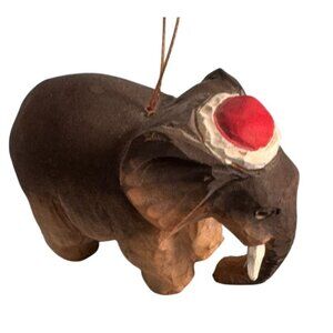 Hand-Carved Balsa Wood Elephant Ornament With Red Cap